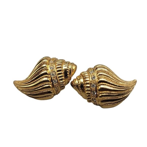 KjL Conch Shell Post Earrings Gold Tone For Avon Rhinestones Vintage 1980s - Picture 2 of 15